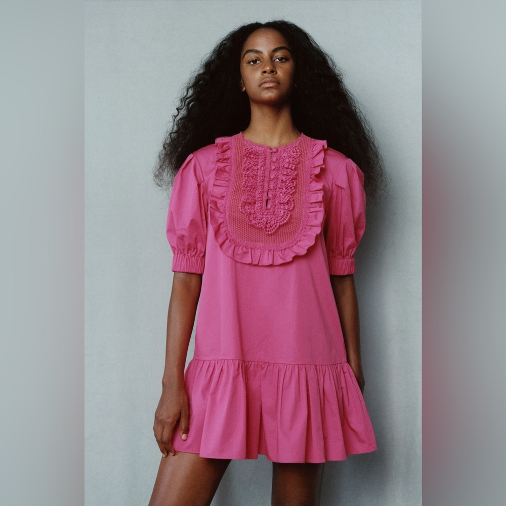 Self-Portrait Lace Bib Mini Dress in Pink Cotton Poplin Women’s 4